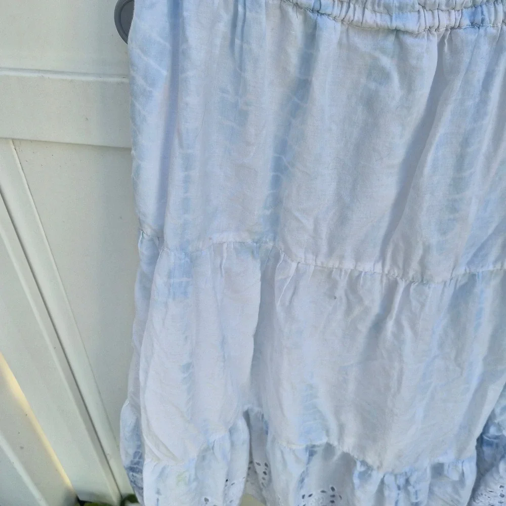 Blue White Tie Dye‎ Tiered Eyelet Hem Midi Skirt Elastic Waist Boho Summer